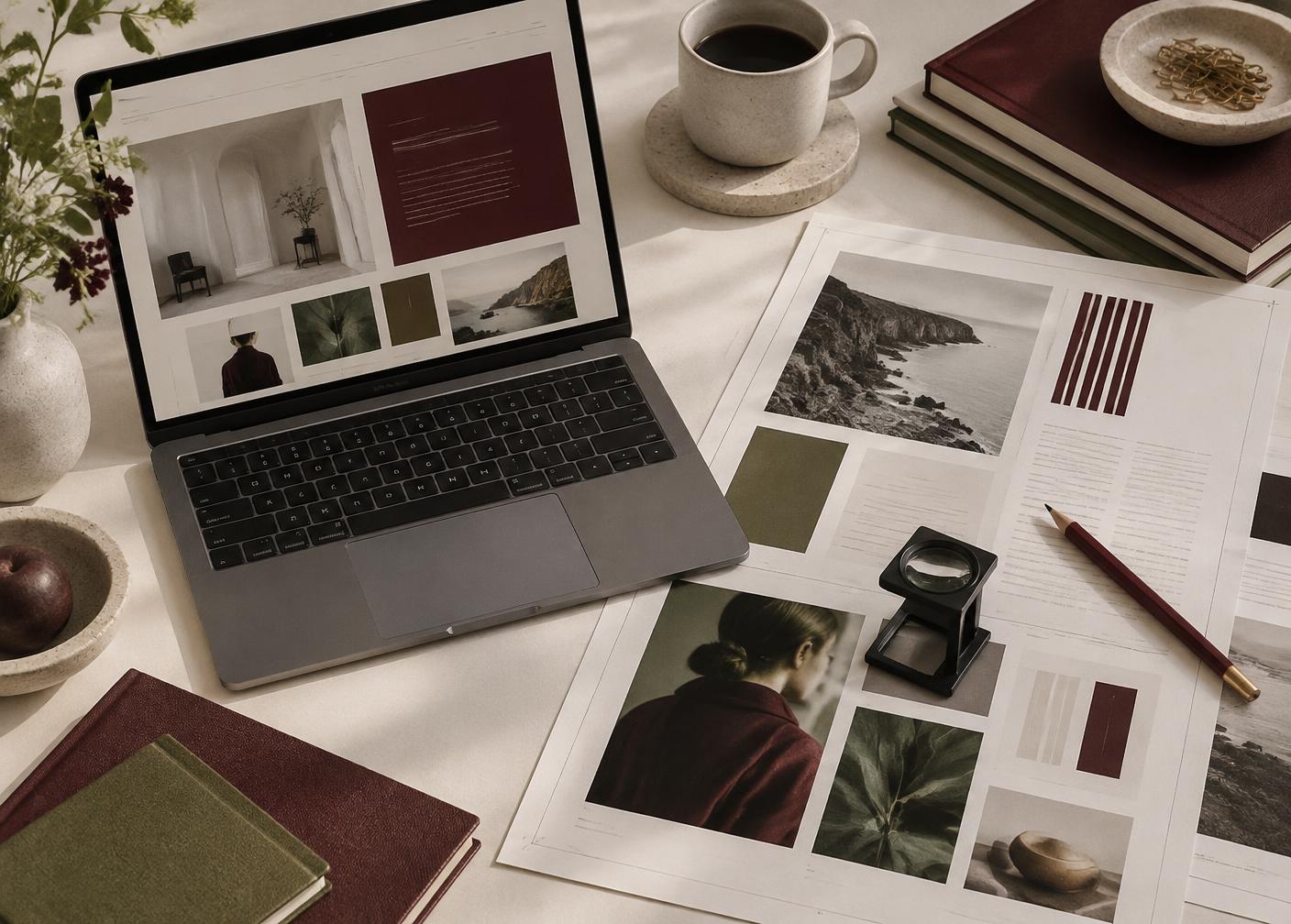 Laptop med redaktionell webbdesign bredvid ett tryckt magasin